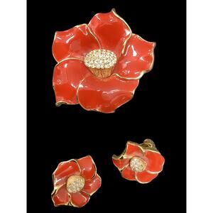Gorgeous VTG 3 Piece Jewelry Set Brooch Clip On Earrings Flower Design Enamel